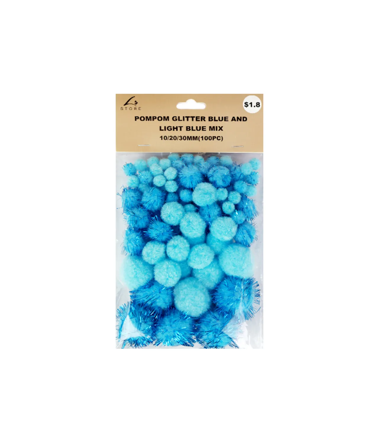 Blue Glitter Pom Poms Assorted 100pc