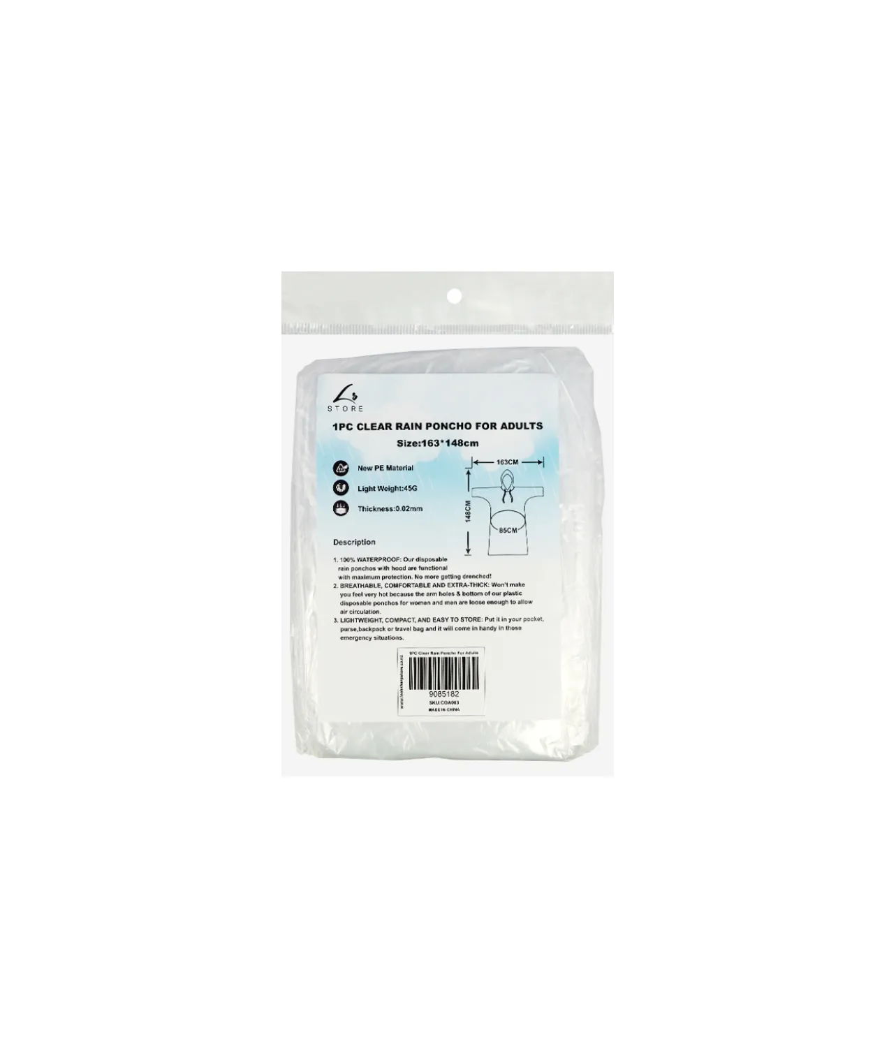 Clear Adults Rain Poncho 163cm