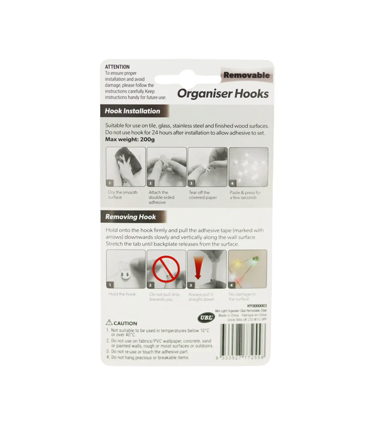 Clear Mini Decorating Removable Organiser Hook 20pk