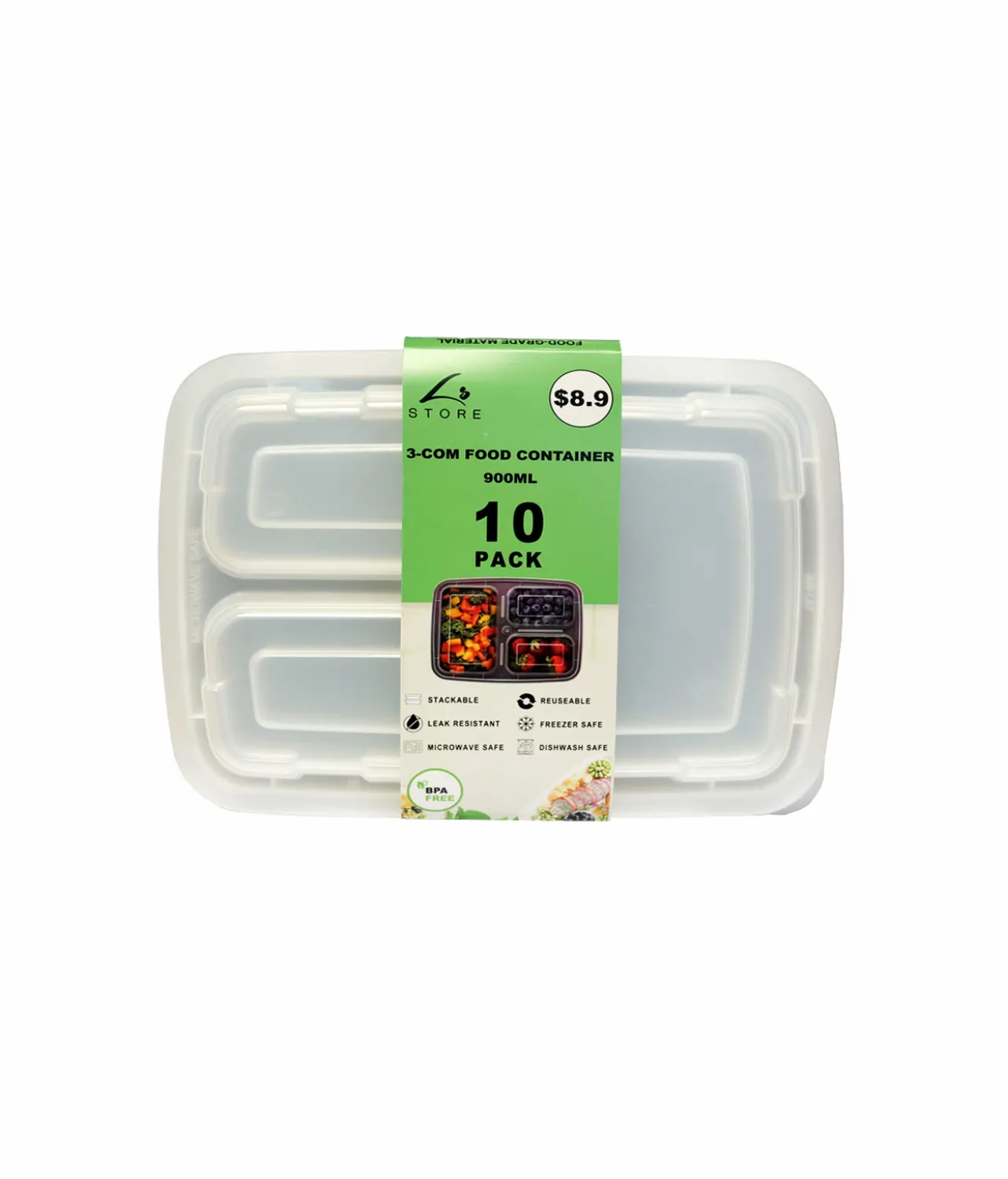 3-Comp Square Take Away Containers 10pk 900ml