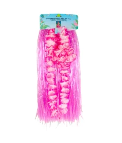 Pink Flowered Hawaiian Grass Skirt Set 5pc