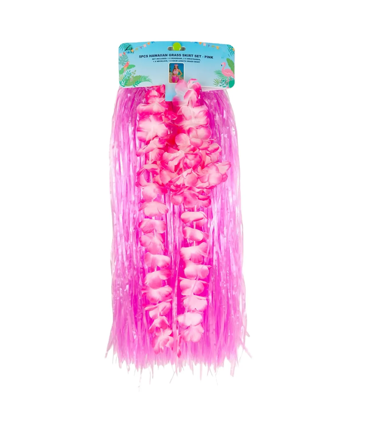 Pink Flowered Hawaiian Grass Skirt Set 5pc