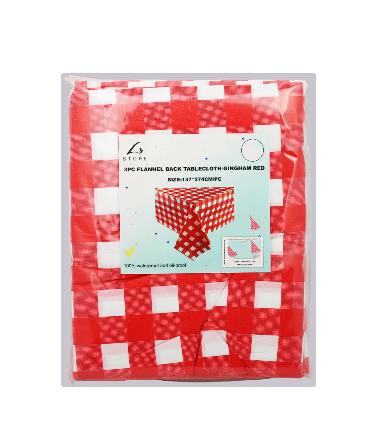 Red Gingham Flannel Tablecloth 3pc