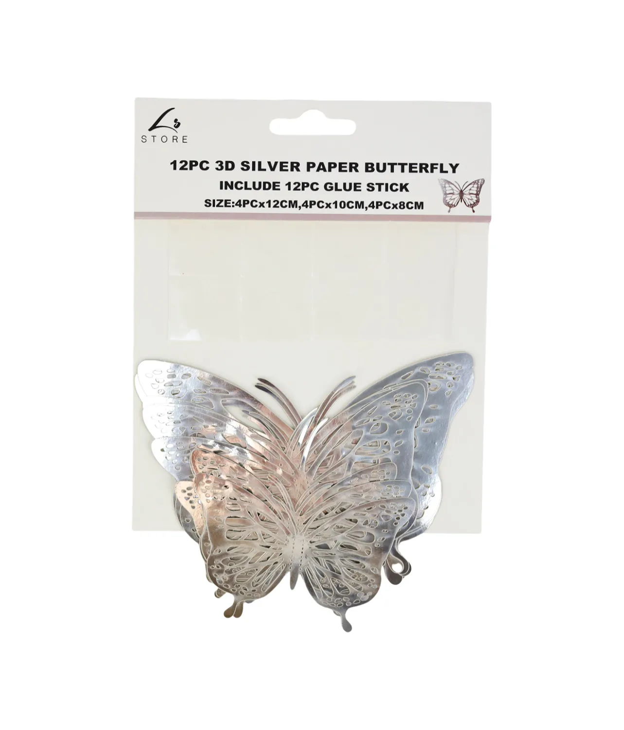 Silver 3D Paper Bufferfly with Glue 12pc